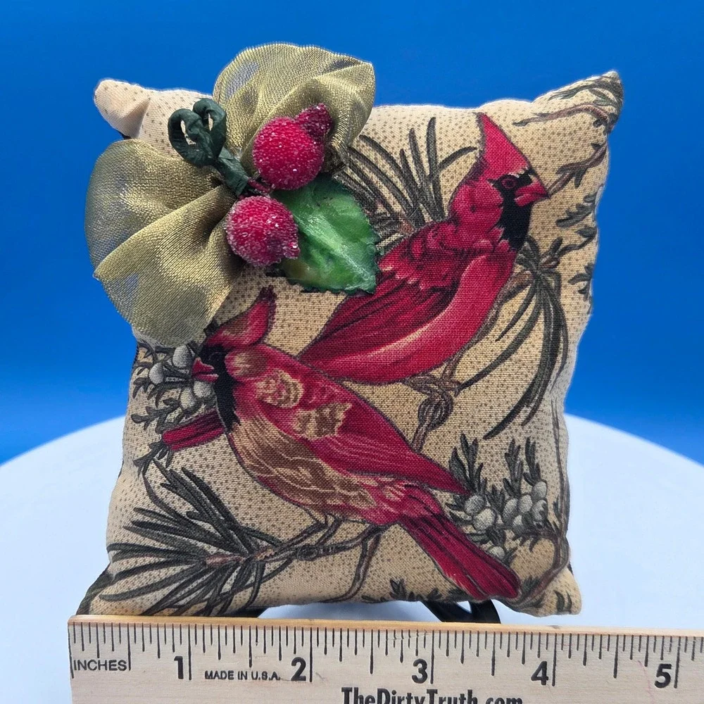 Cardinal Bird Decorative Pillow Scented Gold Bow Red Berries Christmas Decor 5in